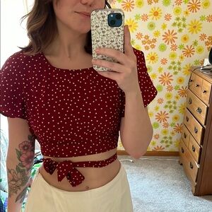 Maroon tie back polka dot backless crop top